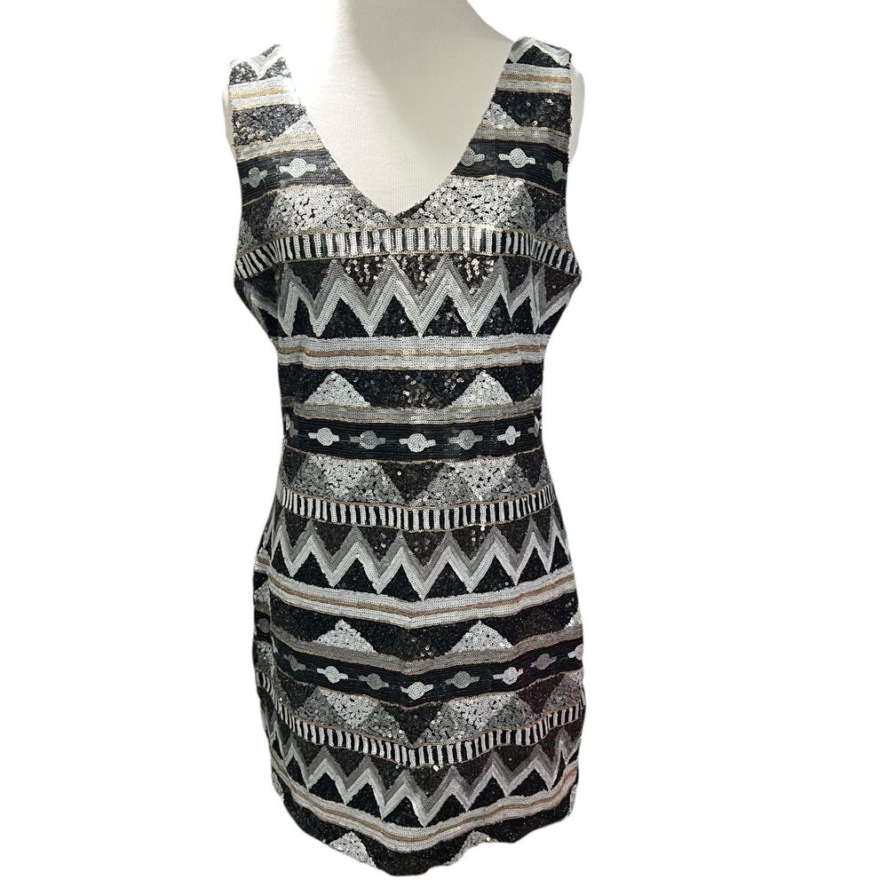 One Clothing LA M Sequin Party Dress Black Silver Geometric Bodycon Shiny Event